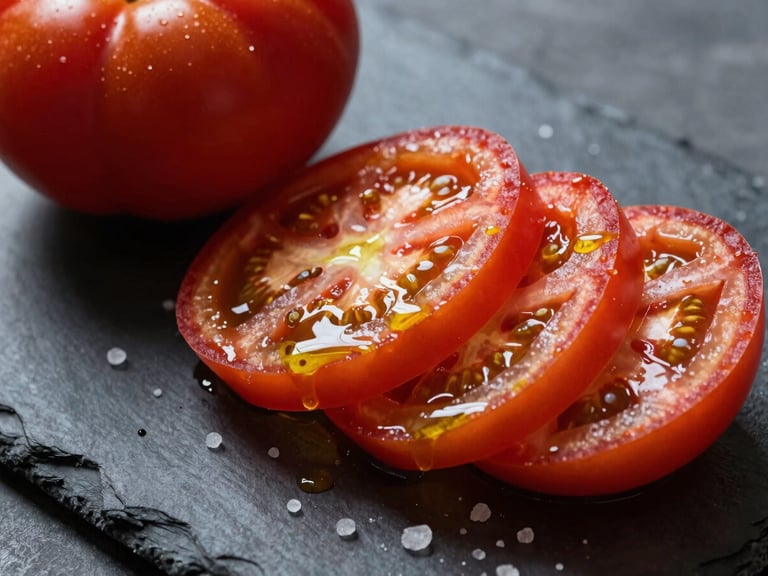 Extreme macro shot of vibrant red heirloom tomatoes sliced on a dark slate board, glistening with olive oil and coarse sea salt under natural daylight
