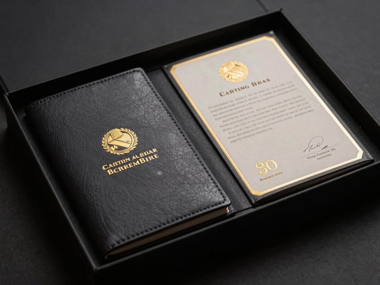 A heavy leather-bound collector booklet and physical certificate of ownership resting inside a matte black presentation box, soft low-key lighting, brushed gold accents