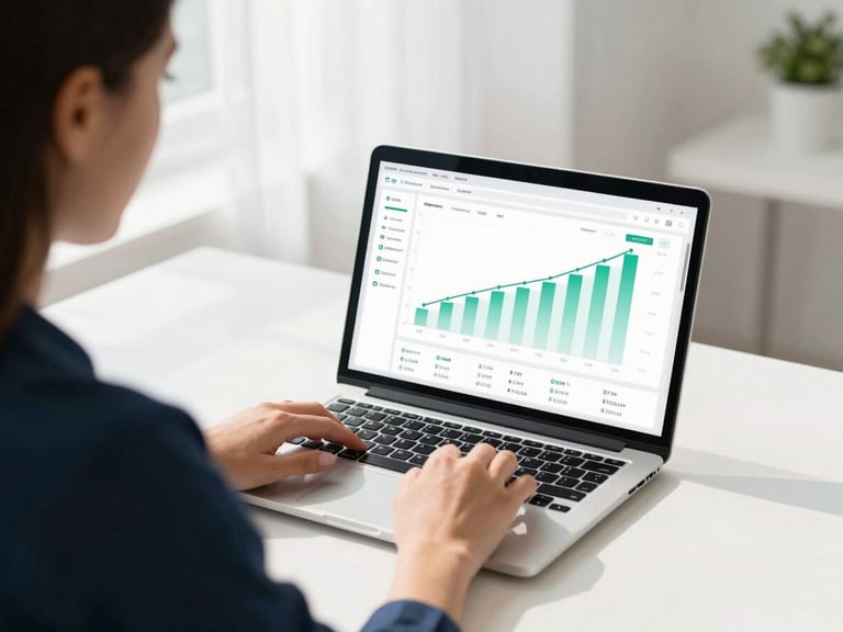 Over-the-shoulder view of a female specialist analyzing a clean data dashboard with positive growth curves on a laptop screen, bright natural daylight, minimalist workspace.