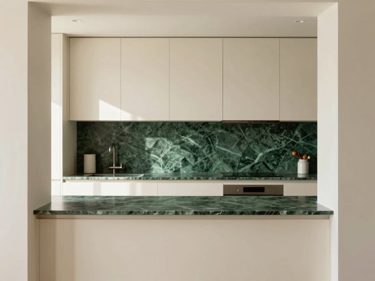 Straight-on architectural photo of a minimalist cream kitchen with soft natural daylight, green marble countertops, pristine and ordered, 35mm