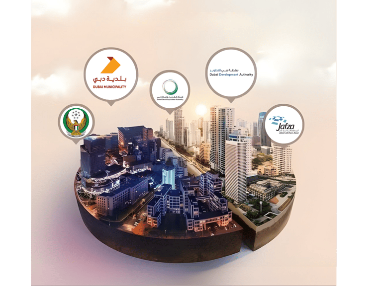 Dubai construction authority approval benefits showing DM DDA and Jafza logos with Dubai skyline - D