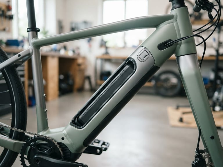 Sleek electric bicycle frame showing the integrated battery compartment, technical-premium look, soft green and gray tones, clean editorial photography, 35mm lens.