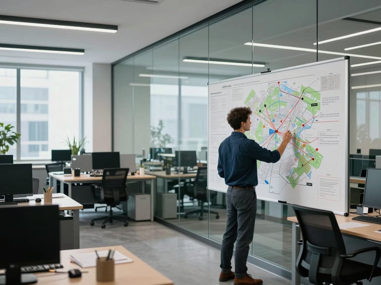 Wide environmental shot of a modern structured workspace, focused professional mapping workflows on a glass wall, sharp cool daylight.