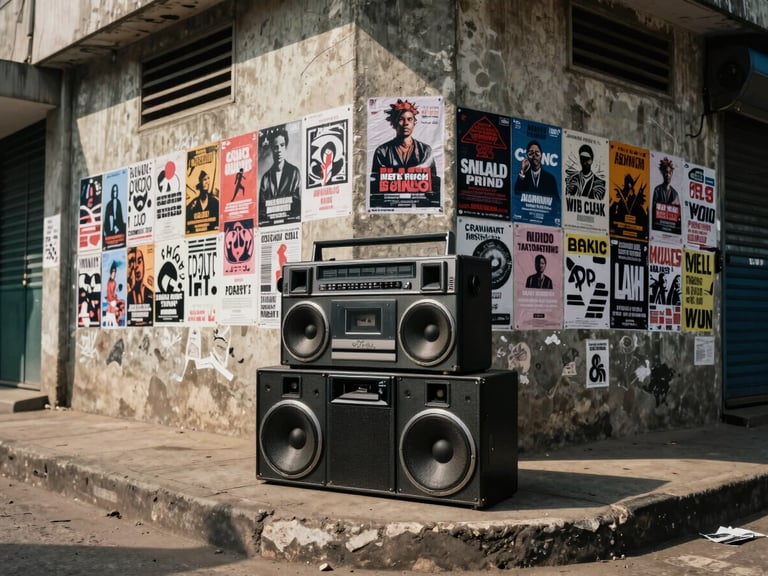 Overcast outdoor wide shot of a Lagos street corner, raw concrete walls covered in music flyers, a large analog sound system stacked on the pavement, dramatic shadows.