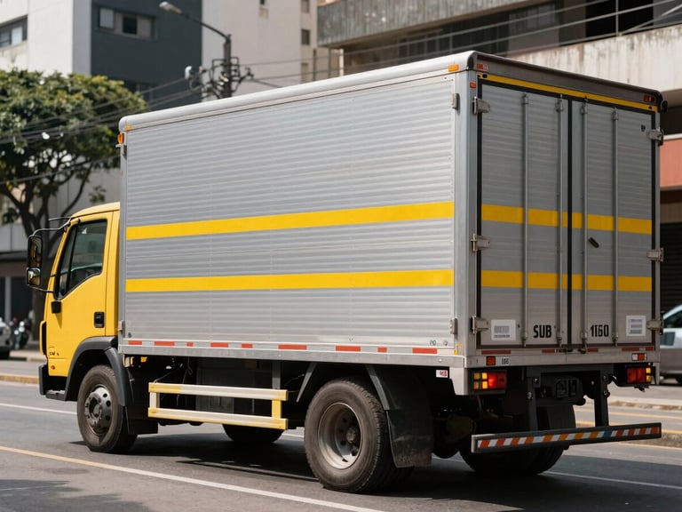 Medium-duty cargo truck with secured palletized goods inside, urban Sao Paulo street in background, natural daylight, eye-level, sharp focus.