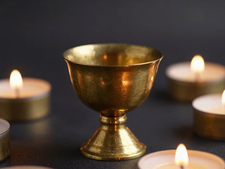 Macro close-up of brass pooja utensils catching warm candlelight, dark background, evoking a sacred and private consultation space.