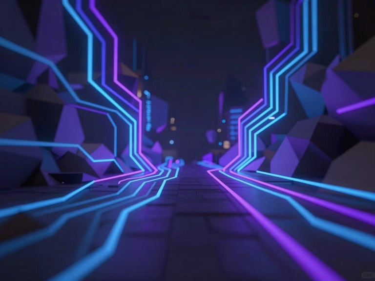 3d render, abstract cyberpunk low-poly environment, neon electric blue and purple circuit lines, dark moody atmosphere, cinematic lighting