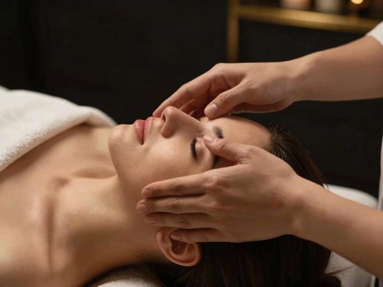 Close-up of hands performing a clinical facial massage under warm low-key lighting, professional luxury spa environment