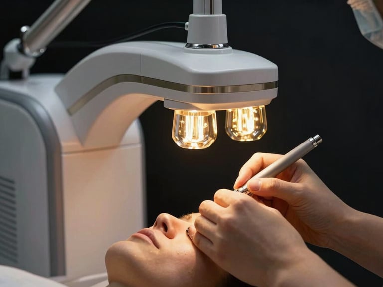 Modern aesthetic cosmetology machine with gold lights, close-up hands of a professional treating a patient, editorial clinical photography