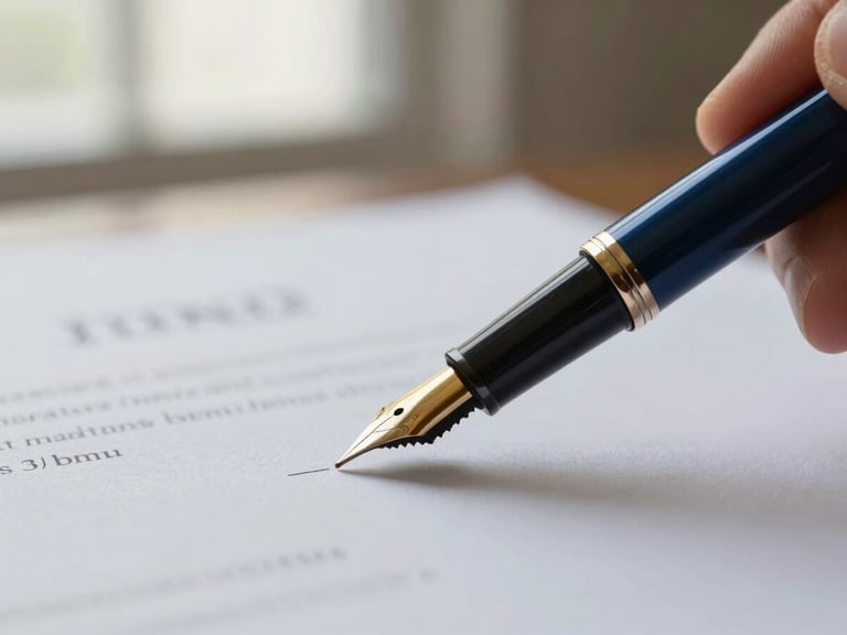 Close-up of a fountain pen signing a will on high-quality paper, soft side-lit window light, deep navy and muted gold tones, shallow depth of field, 35mm