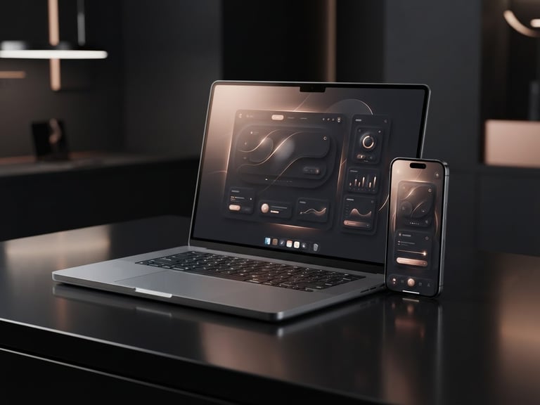 A laptop and smartphone displaying a dark mode user interface design on a sleek office desk.