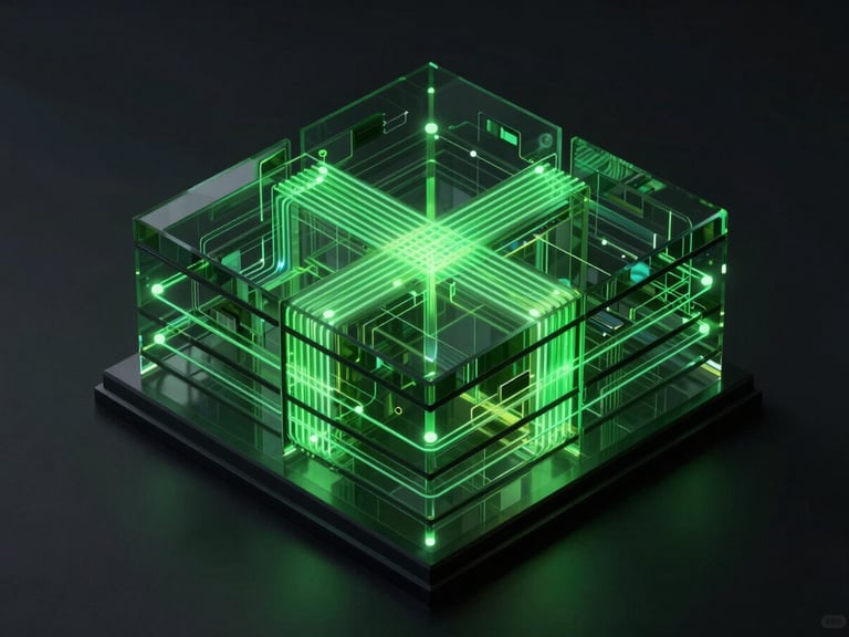 Isometric 3D architectural node diagram showing glowing green data paths routing through dark translucent glass layers, low-key lighting, highly technical