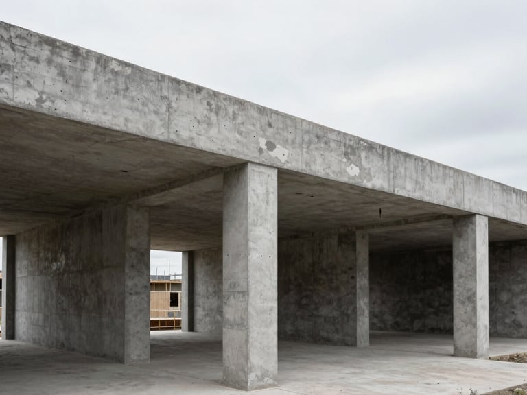 Crisp architectural photography of a commercial space under construction, showing precise joinery and exposed concrete, natural overcast daylight, sharp focus.