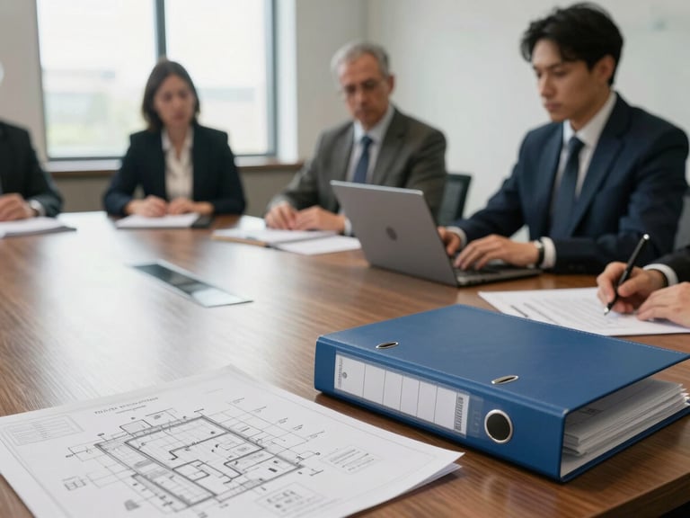A serious, unposed conference room meeting with physical binders and medical facility blueprints on a wooden table, natural high-contrast window lighting.