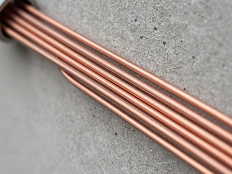 Macro close-up shot of pristine technical electrical work, perfectly straight parallel copper wires routed along a concrete wall, soft natural side lighting