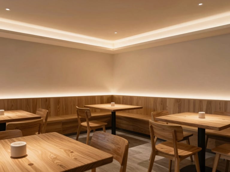 Wide architectural elevation of a cozy minimalist restaurant interior, warm low-temperature light glowing from hidden ceiling coves, clean oak tables, no people