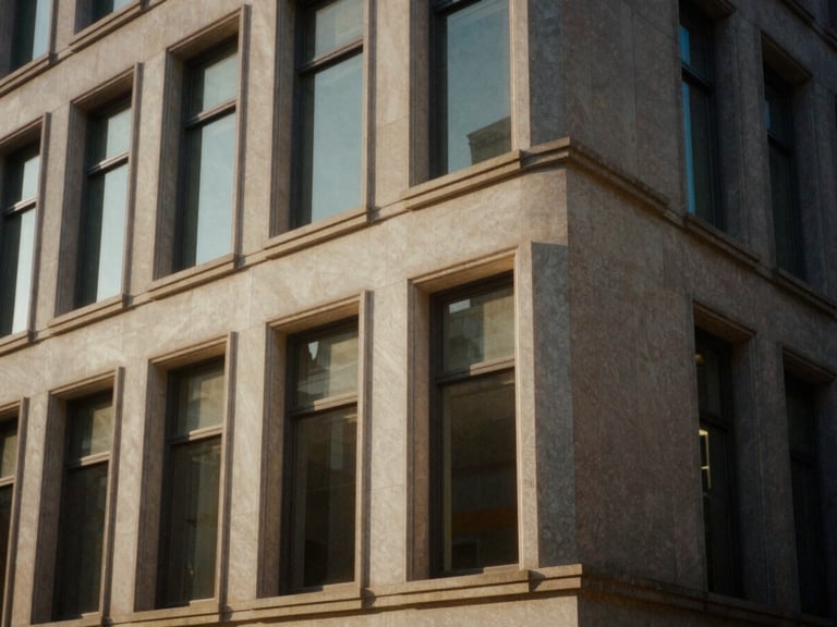Architectural details of a classic corporate office with structured lines, soft indirect window light, low contrast, warm tones, 35mm