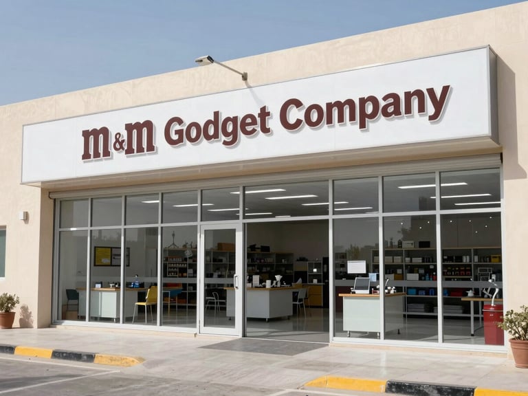 Wide environmental shot of the clean, organized M&M Gadget Company workshop exterior in Sharjah Industrial Area 11, bright natural daylight, clear signage, 35mm lens.