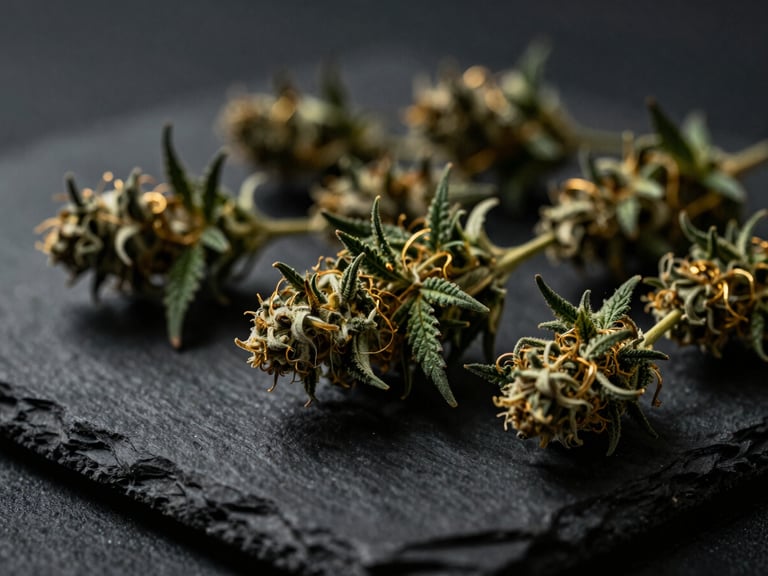 Close-up of premium dried cannabis flower on a dark slate surface, with muted gold accents, dramatic side-lighting, macro lens.