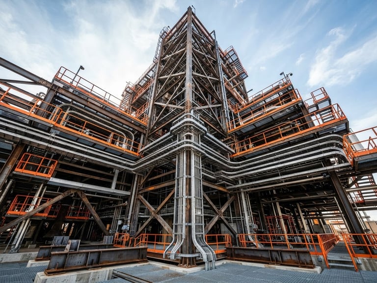 Low-angle heroic shot of an industrial facility with heavy steel framing and structured cabling trays, crisp daylight, high-contrast steel and safety orange tones
