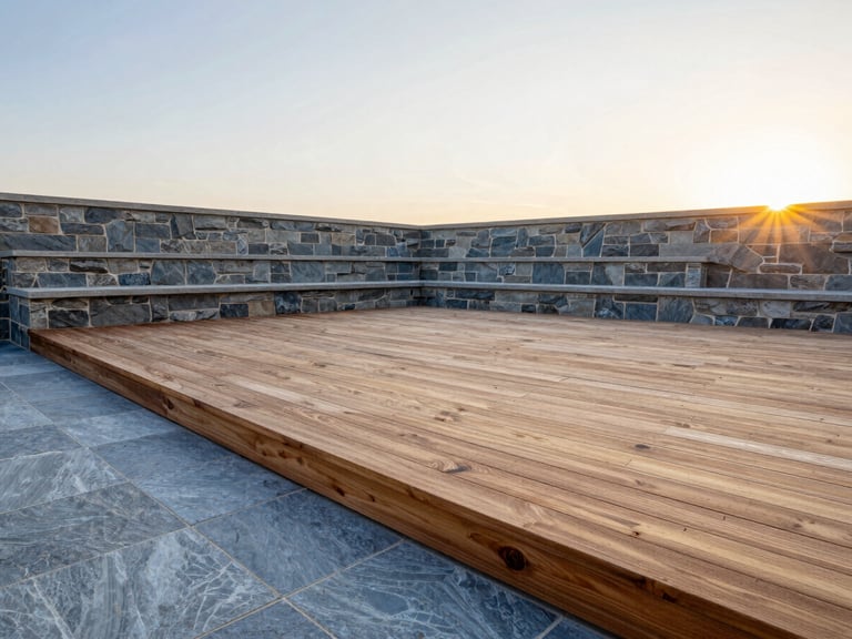 Wide architectural shot of a premium mahogany deck overlooking a flawless bluestone patio with structured stone retaining walls, sunset lighting