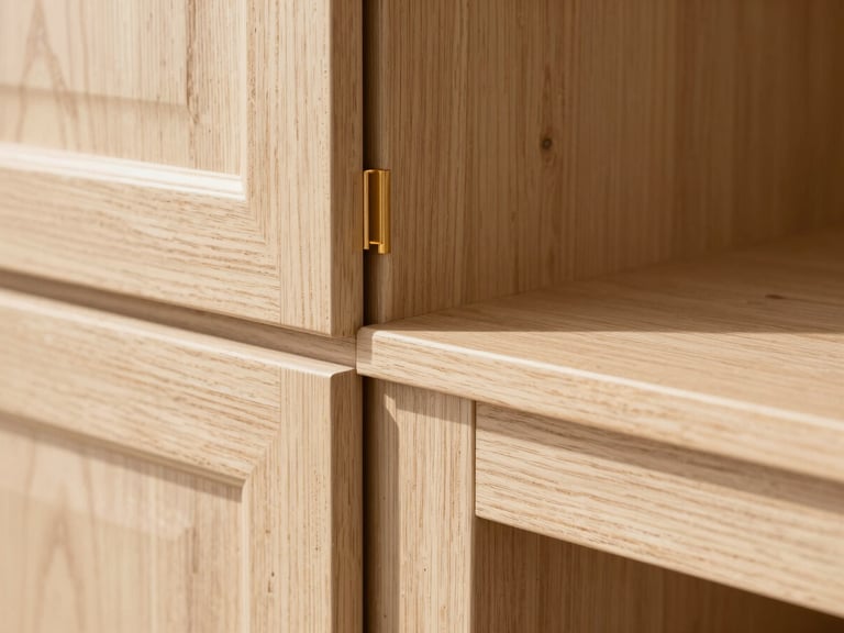 Detailed architectural close-up of a custom-milled white oak cabinetry joint, flawless premium carpentry, warm natural daylight, sharp focus