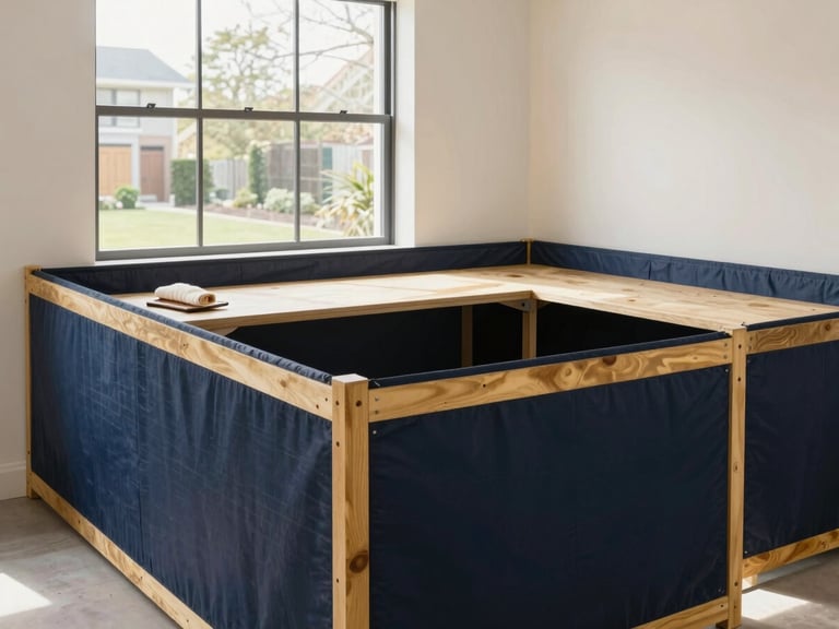 Immaculate, highly organized interior remodeling workspace with protective barriers and clean tools, sunlit window, premium residential setting