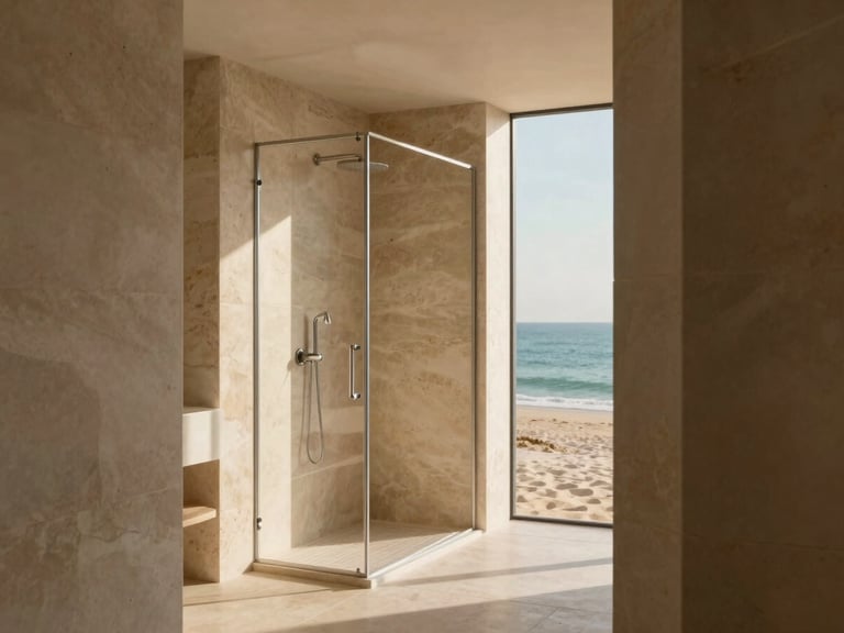 Modern, minimalist bathroom with natural stone tiles, a large walk-in shower, and high-end chrome fixtures, diffused natural light, architectural framing