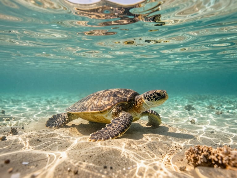 Een zeeschildpad zwemt gracieus in ondiep turquoise water boven een koraalrif, gefotografeerd met natuurlijk zonlicht, onverstoord in zijn natuurlijke habitat, warm editorial photography.