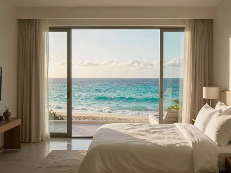 Luxurious master bedroom with a large bed, crisp white linens, and floor-to-ceiling windows overlooking the turquoise Caribbean sea, soft morning light, architectural framing, shallow depth of field