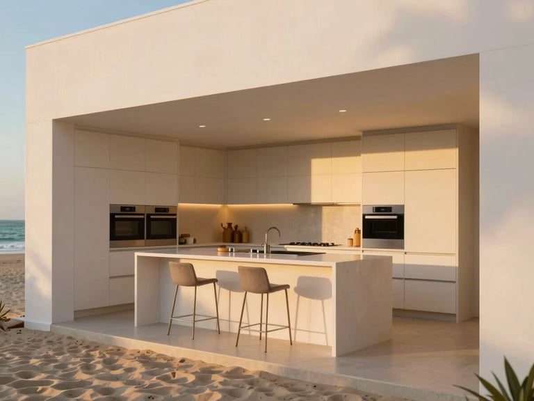 Sleek, fully equipped modern kitchen with integrated appliances, a large island with bar stools, and warm overhead lighting, minimalist design, architectural framing