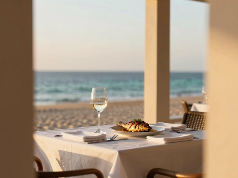 Een elegant gedekte tafel op een terras met uitzicht op de Caribische Zee tijdens zonsondergang, met een glas wijn en een bord verse vis, warm gouden licht, architectonische framing, shallow depth of field.