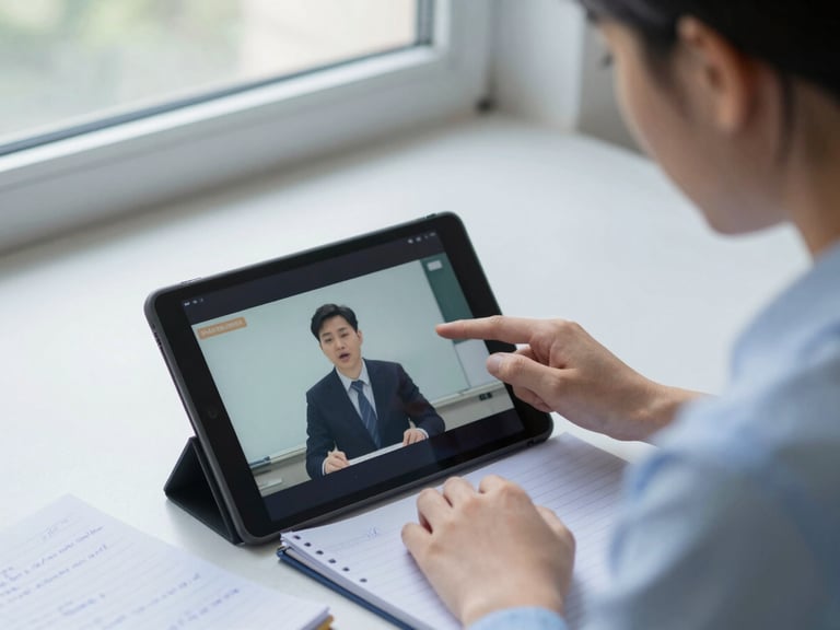A high-angle shot of a teacher trainee analyzing classroom video on a modern tablet, soft natural window light, notebook with handwritten notes nearby, shallow depth of field.