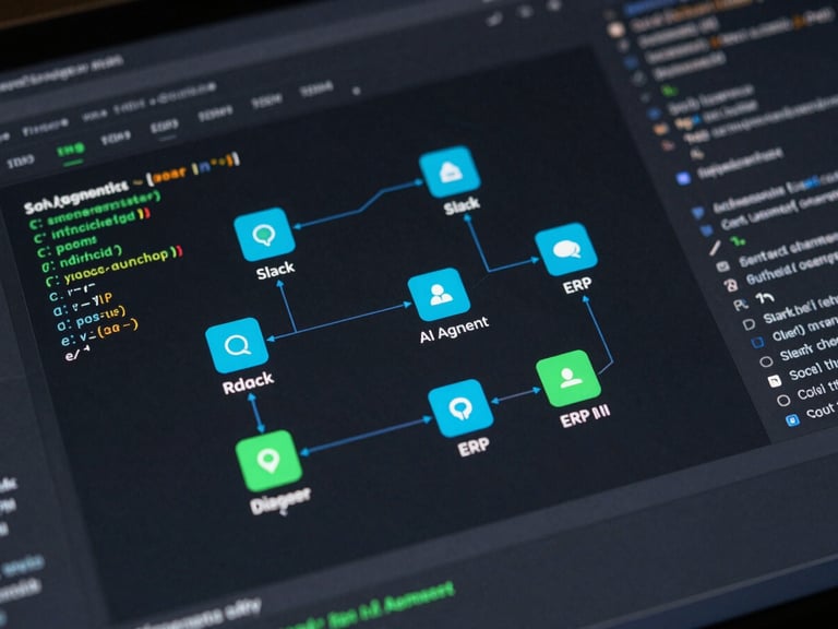 Macro close-up of a high-fidelity dark UI dashboard showing a node-based logic diagram of an AI agent workflow. Connected cyan and green nodes map data from Slack to an internal ERP API, with terminal-style monospace code overlays. Dark ambient lighting, subtle neon glow, sharp geometric lines.