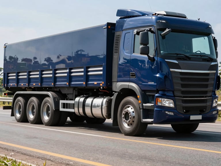 Low-angle heroic shot of a modern heavy-duty cargo truck driving on a clean Brazilian highway, crisp daylight reflecting off deep blue metallic cabin, sharp focus on heavy-duty wheels