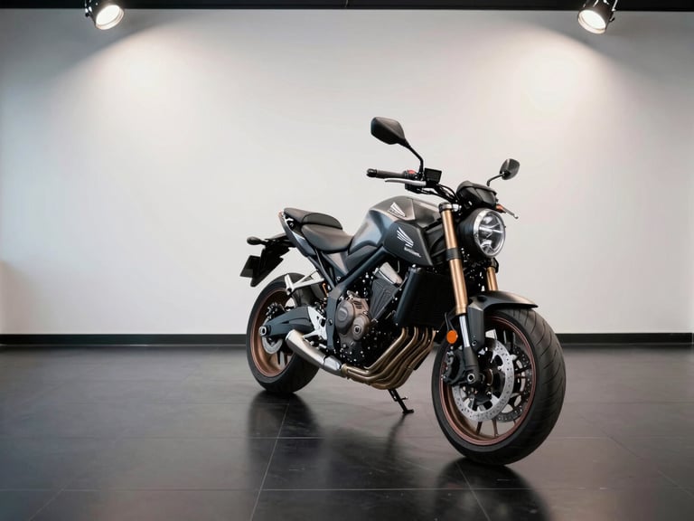 Wide shot of empty premium motorcycle showroom, single Honda CB 1000R posed under a hard overhead strobe on polished matte-black floor, white wall behind, framing tight to the right third of frame, no people, clinical gallery lighting, 16:9