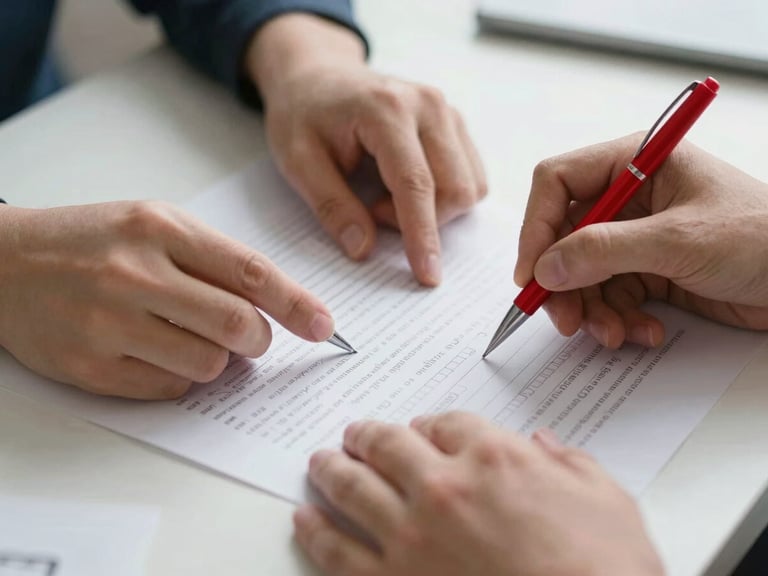 Close-up of two hands reviewing a marked exam paper on a clean desk surface, red pen resting beside the sheet, handwritten annotations and underlines visible in sharp focus, soft natural daylight from above, the rest of the desk surface blurred softly behind