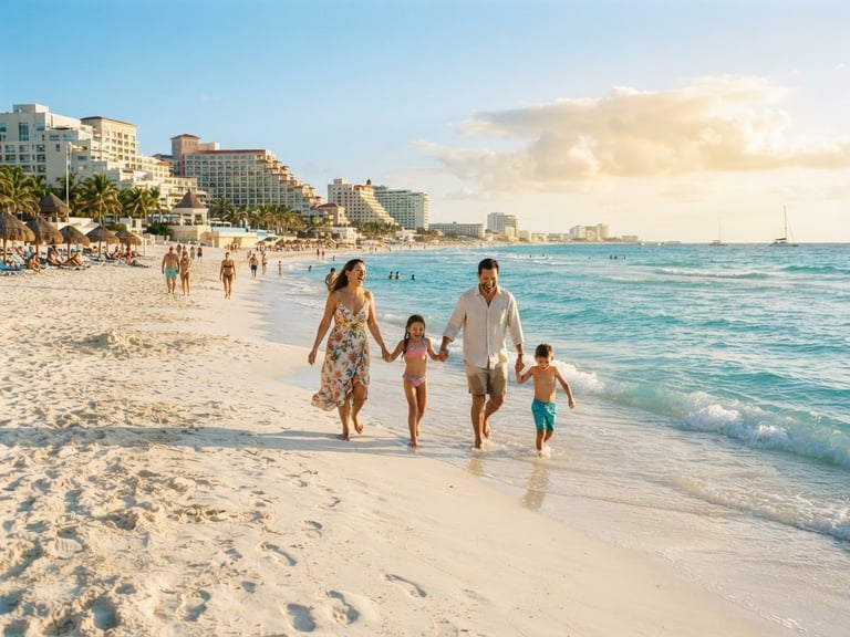 Wide environmental shot of Cancun beach with luxury resorts in the background, vibrant turquoise sea under bright golden-hour sunlight, 35mm lens