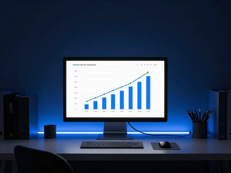 A clean, modern workspace in Chennai with high-contrast studio lighting, blue ambient rim lights, and a sharp screen mockup showing growth metrics.