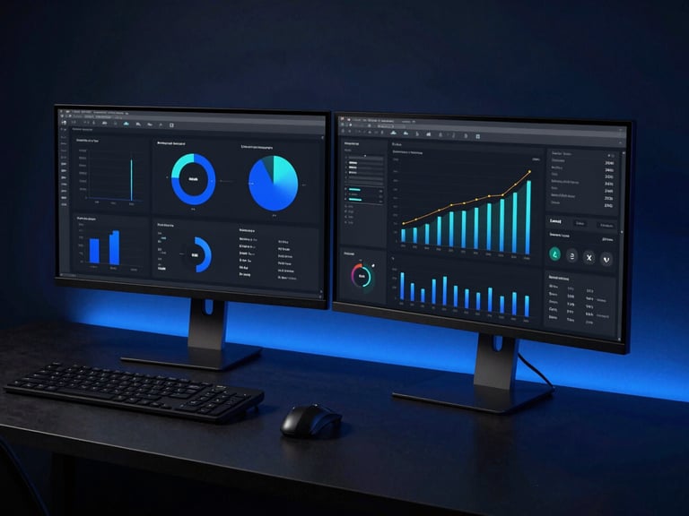 Modern high-contrast workspace in Chennai, sleek dark UI mockups on dual monitors displaying marketing analytics and growth charts, dramatic blue ambient rim lighting, sharp focus, 35mm lens