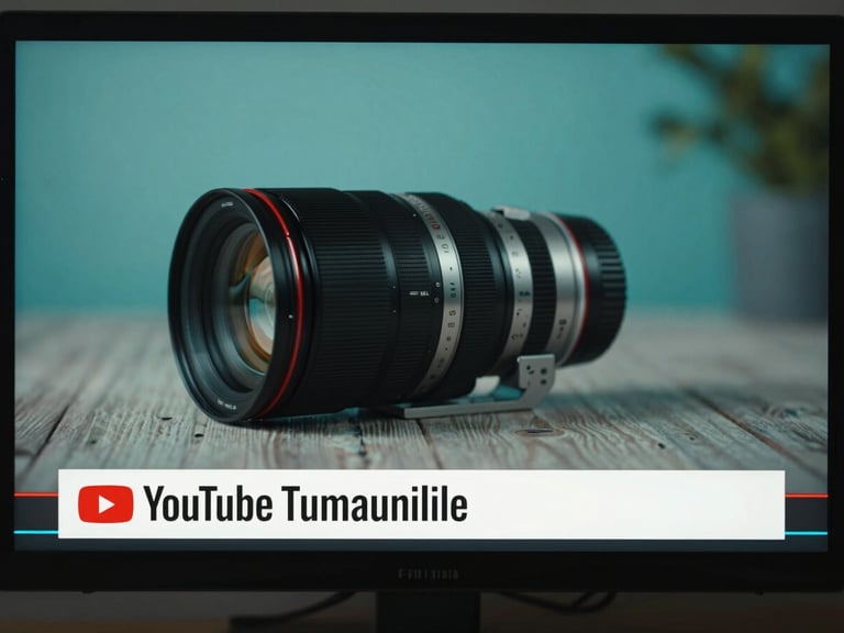 Wide frame grab from a finished YouTube video — a high-contrast product review scene, teal color grade, bold lower-third motion graphic locked to the bottom third, timeline visible at the bottom edge of the monitor screen
