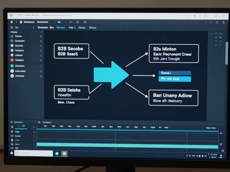 Close-up frame grab from a color-graded B2B SaaS YouTube video — dark blue-toned UI demo sequence with sharp motion graphic overlay arrows and text callouts, editing timeline visible at the bottom edge, monitor glow lighting