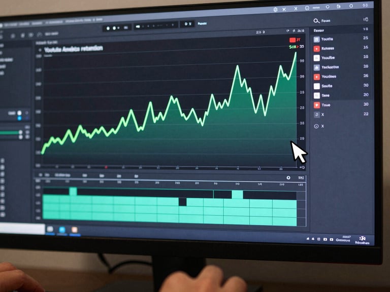 Close-up of a YouTube analytics retention graph on a dark monitor alongside an editing timeline, neon green retention line arcing upward, cursor hovering at the 30-second mark, editor's hands visible at keyboard edge