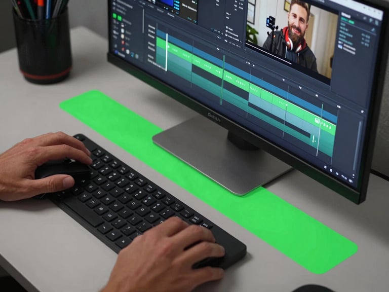 Overhead close-up of hands on a keyboard and mouse during a YouTube video editing session, editing software timeline visible on a monitor showing finance creator footage with motion graphic lower-thirds mid-placement, electric green accent color from the on-screen UI spilling onto the desk surface