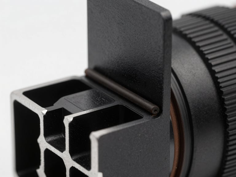 Extreme close-up of a black anodized aluminum profile joint showing the rubber EPDM seals, high-contrast studio lighting.