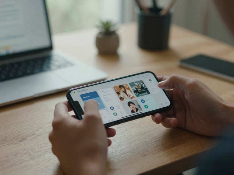 Wide environmental shot of a person's hands using an Android phone at a standing desk, app interface in focus on screen, soft natural light from a nearby window, workspace items blurred in background, purposeful and calm atmosphere