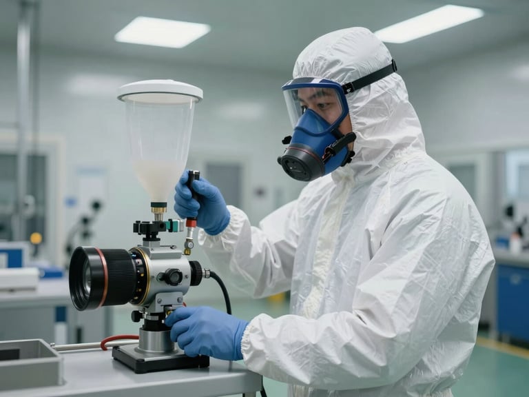 Medium-wide shot of an industrial technician in full white protective gear and respirator, calibrating a professional spraying system inside a clean, modern warehouse under bright neutral daylight.