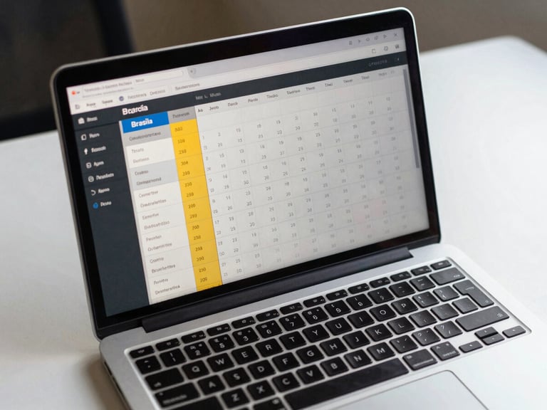 Overhead close-up of a laptop on a clean office desk under neutral daylight, screen displaying a structured time zone comparison interface with Brasília highlighted as the reference column, calendar grid visible in background
