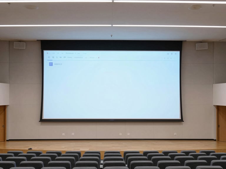 Wide architectural shot of a contemporary campus auditorium, large high-resolution presentation screen active, sleek acoustic paneling, clean rows of seating, bright natural daylight mixing with subtle screen glow.