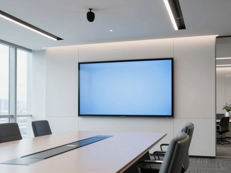 Pristine modern boardroom with a large interactive display, integrated ceiling beamforming microphones, architectural lighting, cool daylight, minimalist corporate interior.
